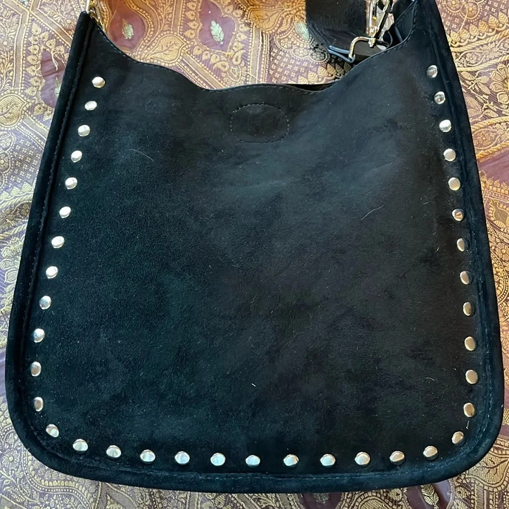Ah-dorned Black Faux Suede cross body Bag w/silver studs & strap 11”x12”x3”